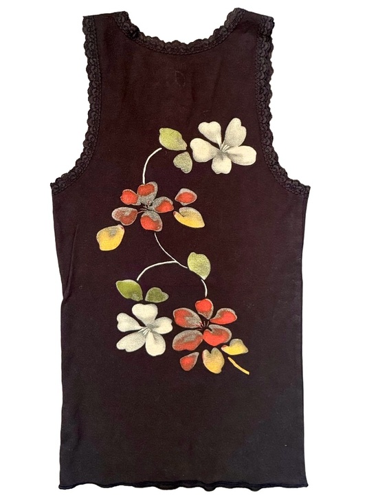 Lucky Brand Tops - Vintage Lucky Brand Peace & Love Floral Plum Blossom Black Tank Lace Trim Size L